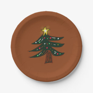 Handgezeichneter Weihnachtsbaum Braun Pappteller