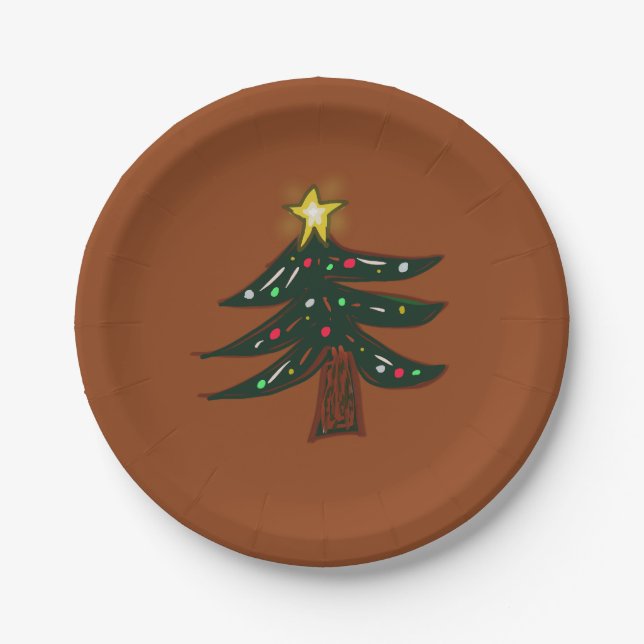 Handgezeichneter Weihnachtsbaum Braun  Pappteller (Vorderseite)