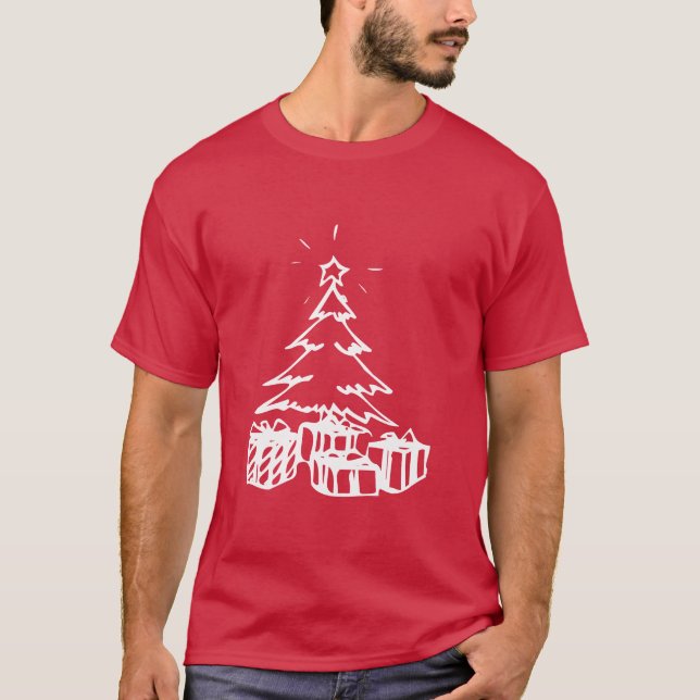 Handgezeichneter Weihnachtsbaum & Geschenke T-Shirt (Vorderseite)