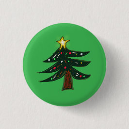 Handgezeichneter Weihnachtsbaum mit grünem Stern Button