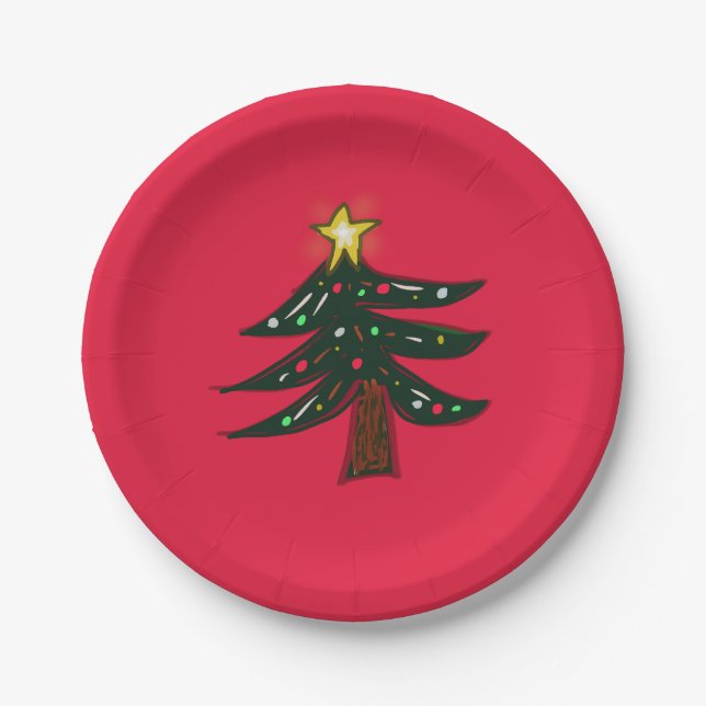 Handgezeichneter Weihnachtsbaum Rot Pappteller (Vorderseite)
