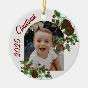 Handgezeichneter Weihnachtsstern und Kiefernzapfen Keramik Ornament