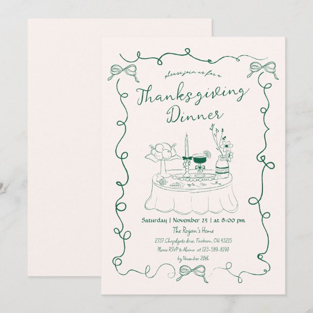 Handgezeichneter Whimsical Dinner Tischtisch Ernte Einladung (Vorne/Hinten)