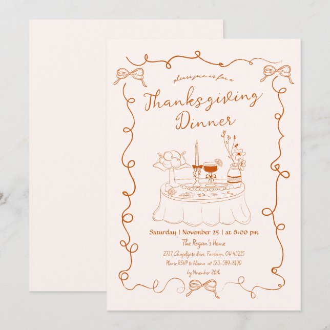 Handgezeichneter Whimsical Dinner Tischtisch Ernte Einladung (Vorne/Hinten)