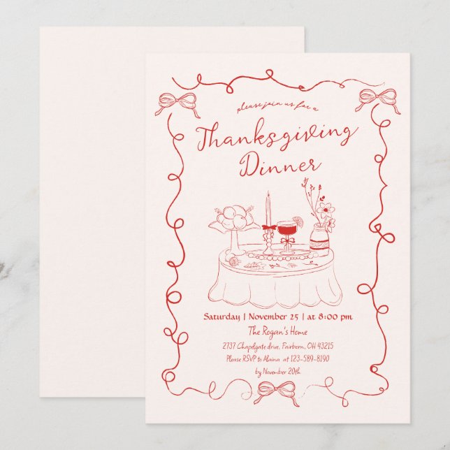 Handgezeichneter Whimsical Dinner Tischtisch Ernte Einladung (Vorne/Hinten)