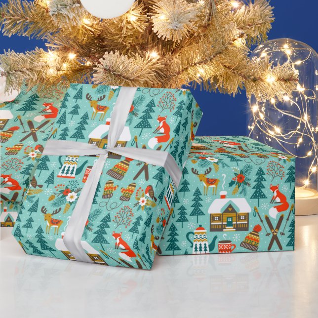 Handgezeichneter Winter Skiing Wilde Tiere Naturge Geschenkpapier (Feiertage)