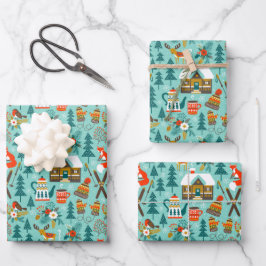 Handgezeichneter Winter Skiing Wilde Tiere Naturge Geschenkpapier Set
