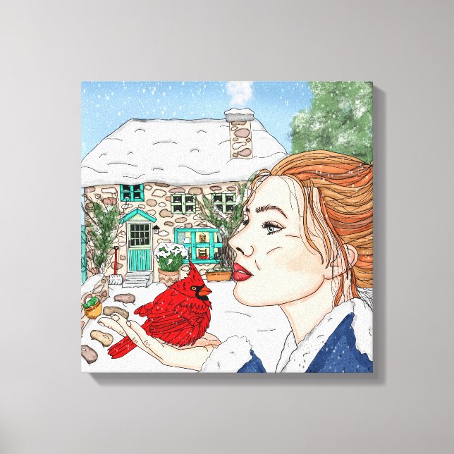 Handgezeichneter Wintertag, englische Hütte Leinwanddruck (Vorderseite)