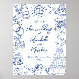 Handgezeichnetes blaues skurriles Hochzeits-Willko Poster