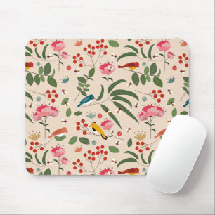 Handgezeichnetes Blumen-Vögel-Bienen-Muster Mousepad