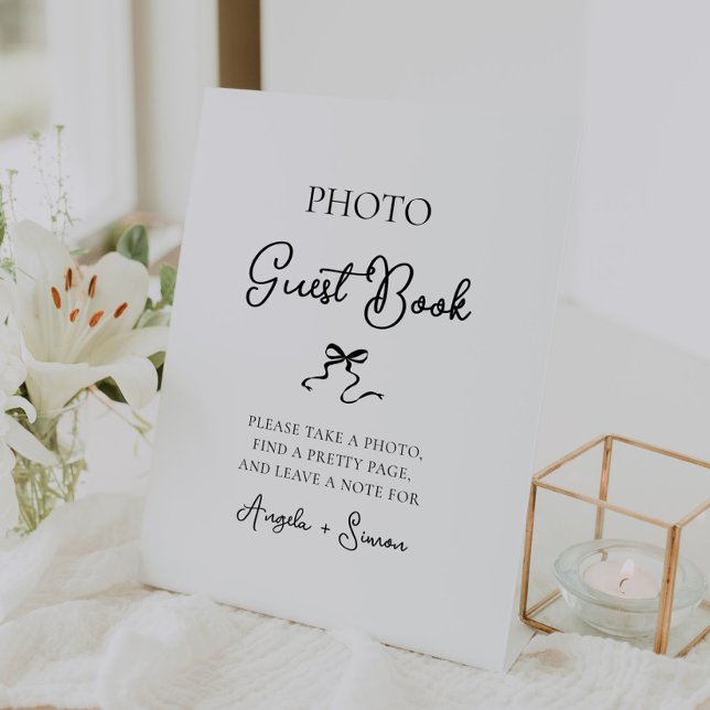 Handgezeichnetes Bow-Foto Gästebuch Sockelschild (wedding photo guestbook sign, hand drawn bow photo guest book wedding table signage hand written)