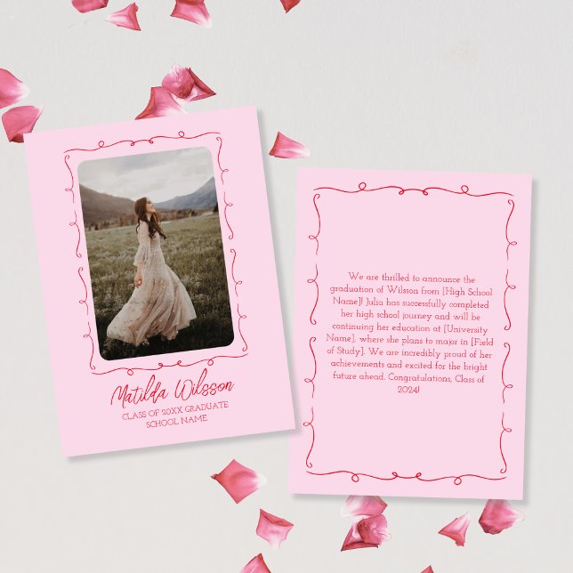 Handgezeichnetes Chic Pink & Red Foto 2024 Abschlu Ankündigung (Hand Drawn Chic Pink & Red Photo 2024 Graduation Announcement)