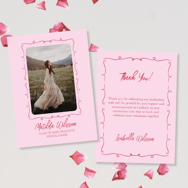 Handgezeichnetes Chic Pink & Red Foto 2024 Abschlu Dankeskarte (Hand Drawn Chic Pink & Red Photo 2024 Graduation Thank You Card)
