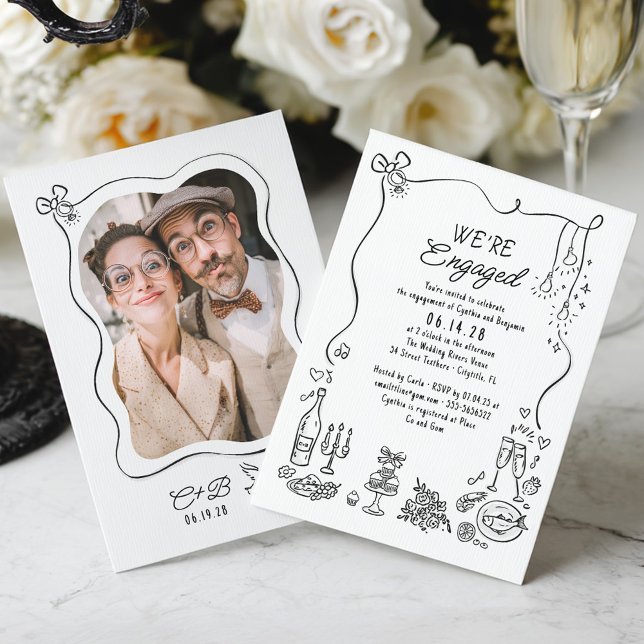 Handgezeichnetes Doodle Whimsisches Foto Einladung (Whimsical Funky Hand-drawn Engagement Party Photo Invitation)