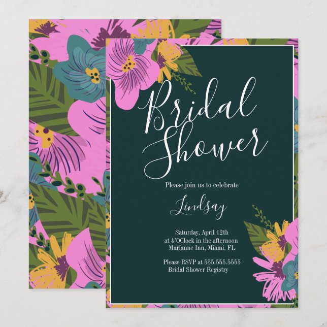 Handgezeichnetes Florals Fett Grünes Brautparty Einladung (Vorne/Hinten)