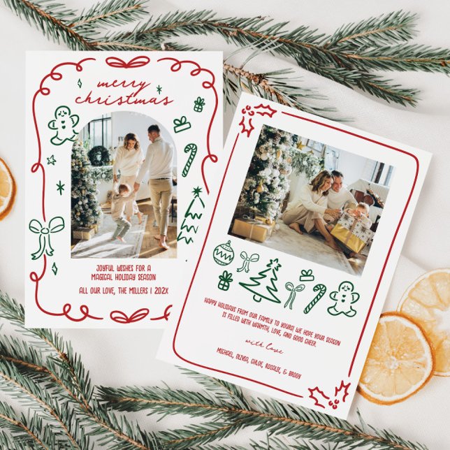 Handgezeichnetes Foto Feiertagskarte (Whimsical Hand Drawn Christmas Family Photo Holiday Card)