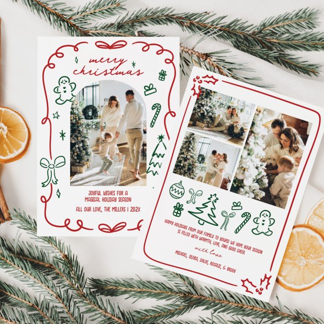 Handgezeichnetes Foto Feiertagskarte (Whimsical Hand Drawn Family Photo Christmas Card)