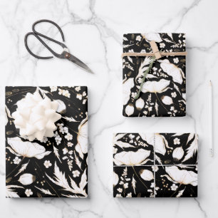 Handgezeichnetes Gold-Wildblumen-Skizzenmuster Ele Geschenkpapier Set