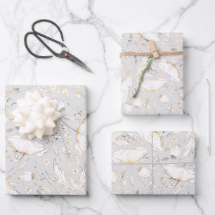 Handgezeichnetes Gold-Wildblumen-Skizzenmuster Ele Geschenkpapier Set