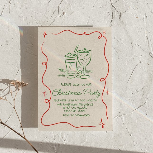 Handgezeichnetes Grün-Weihnachtscocktail-Party Einladung (Von Creator hochgeladen)