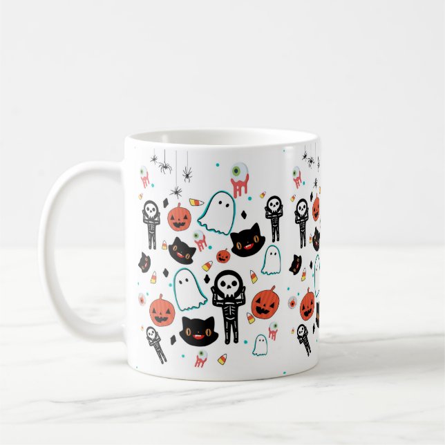 Handgezeichnetes Halloween-Skeleton-Geistermuster Kaffeetasse (Links)