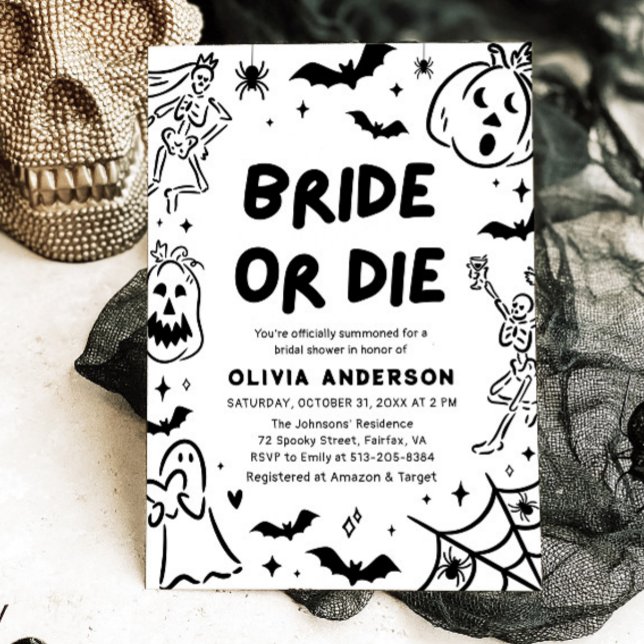 Handgezeichnetes Halloween Skeleton Ghost-Brautpar Einladung (Hand Drawn Halloween Skeleton Ghost Bridal Shower Invitation)