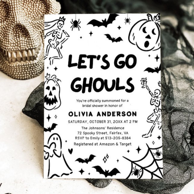 Handgezeichnetes Halloween Skeleton Ghost-Brautpar Einladung (Hand Drawn Halloween Skeleton Ghost Bridal Shower Invitation)