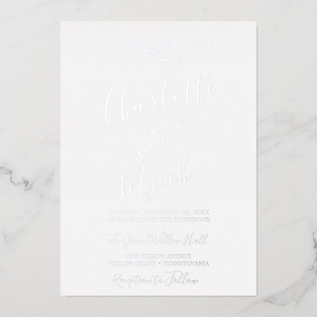 Handgezeichnetes Herz | Silver Foil Text Wedding Folieneinladung (Vorderseite)