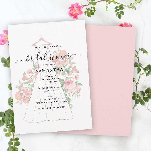 Handgezeichnetes Hochzeitskleid Brautparty Einladung (Hand Drawn Wedding Dress Floral Bridal Shower Invitation)