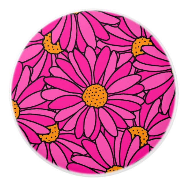 Handgezeichnetes Hot Pink & Orange Daisy Muster Keramikknauf (Vorderseite)