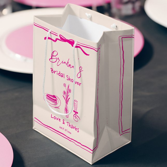 Handgezeichnetes, in Retro-Rosa-Band-Brautparty Mittlere Geschenktüte (Handdrawn scribble retro pink ribbon bridal shower thank you favor welcome medium gift bag)