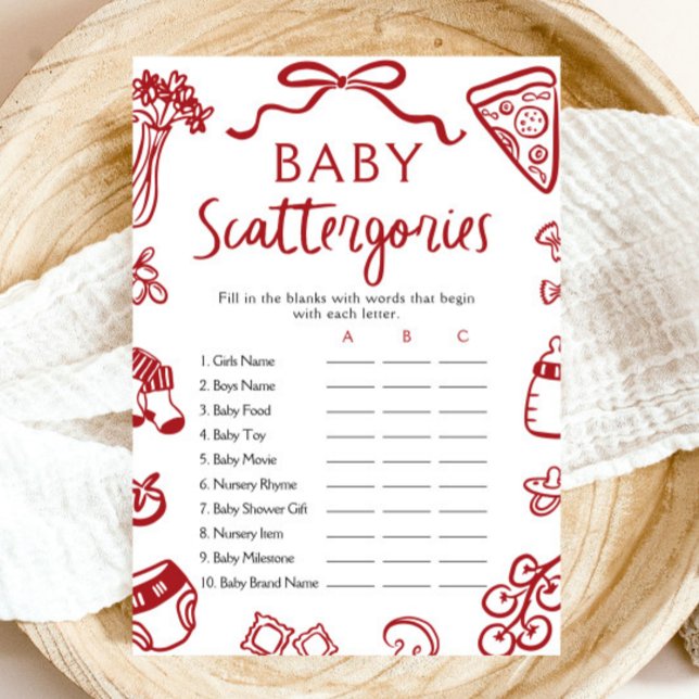 Handgezeichnetes italienisches Babyduschenspielzeu Einladung (Hand Drawn Italian Baby Shower Scattergories Game)