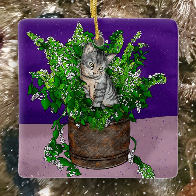 Handgezeichnetes Kitten im Catnip Weihnachten Keramikornament (Von Creator hochgeladen)