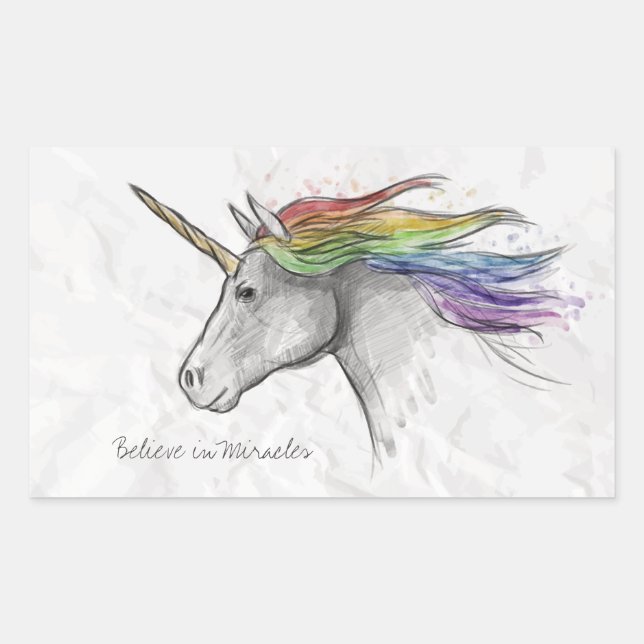 Handgezeichnetes magisches Einhorn. Glaube an Wund Rechteckiger Aufkleber (Vorderseite)