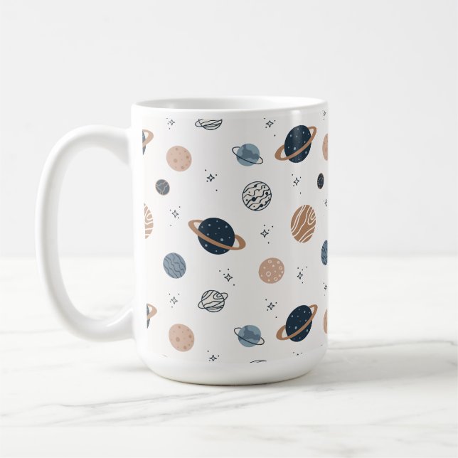 Handgezeichnetes Nahtloses Muster mit Planeten Kaffeetasse (Links)