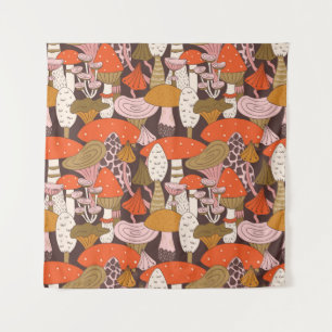 Handgezeichnetes, nahtloses Muster von Pilzen und  Wandteppich