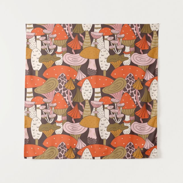 Handgezeichnetes, nahtloses Muster von Pilzen und  Wandteppich (Vorderseite)