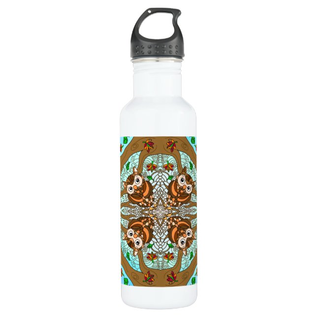 Handgezeichnetes Owl Mandala Artwork Edelstahlflasche (Vorderseite)