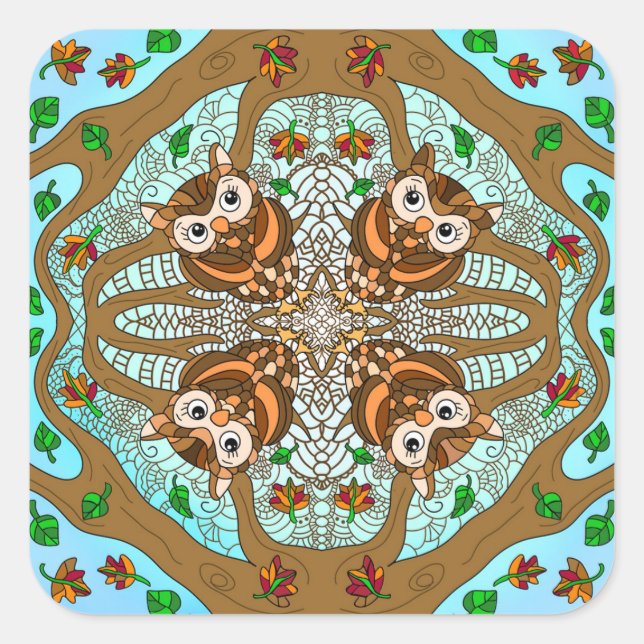 Handgezeichnetes Owl Mandala Artwork Quadratischer Aufkleber (Vorderseite)
