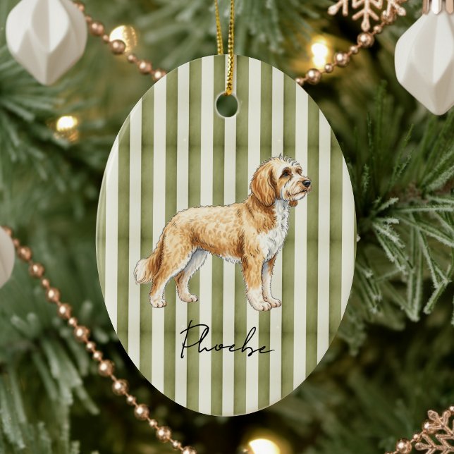 Handgezeichnetes Portrait Sketch Goldenes Doodle Keramik Ornament (Celebrate the holidays with this timeless, vintage striped pet portrait! )