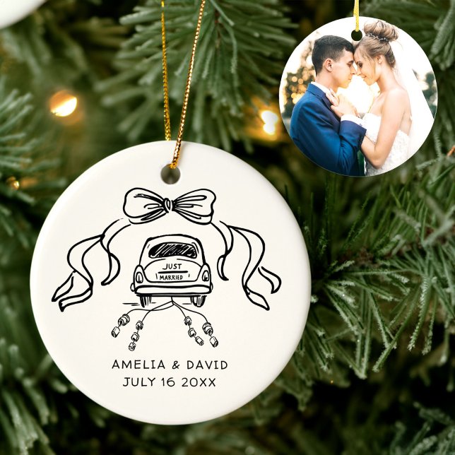 Handgezeichnetes Retro-Hochzeitsauto nur verheirat Keramik Ornament (Von Creator hochgeladen)