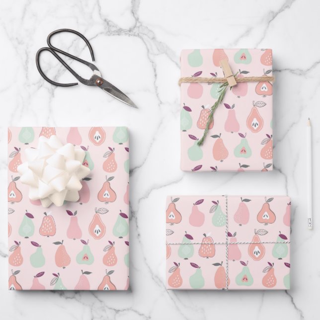 Handgezeichnetes rosa Birnmuster Geschenkpapier Set (Vorderseite)