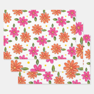 Handgezeichnetes Rosa, orange Blume Geschenkpapier Set