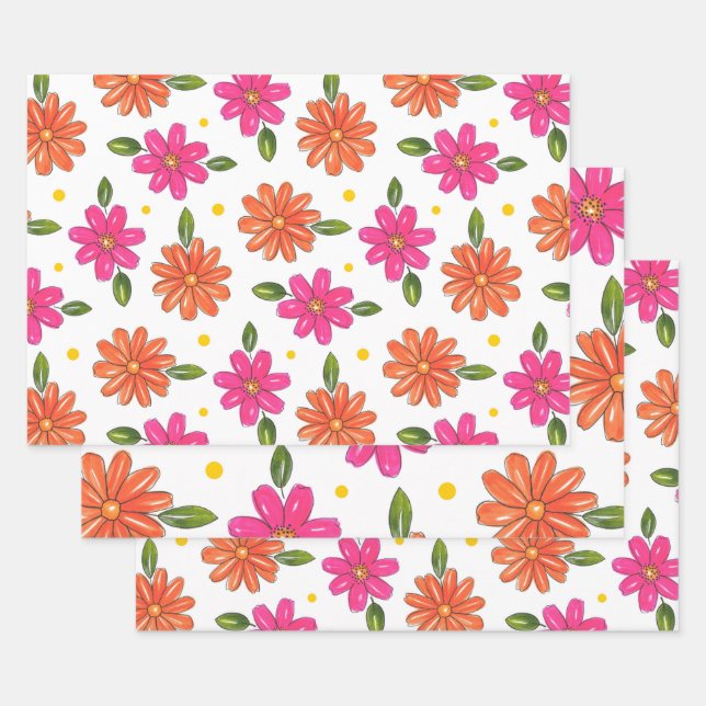 Handgezeichnetes Rosa, orange Blume Geschenkpapier Set (Set)