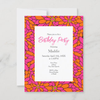 Handgezeichnetes, rosa Orange Zinnia Abstraktes Mu Einladung