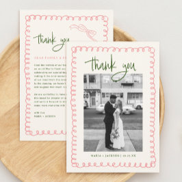 Handgezeichnetes Rosa und grünes Hochzeitssemble-F Dankeskarte