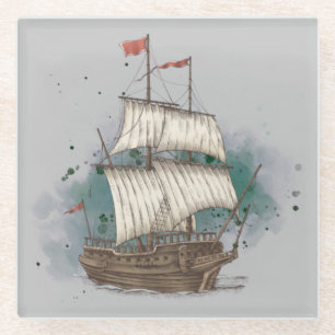 Handgezeichnetes Schiff in Bugwelle auf Spritzhint Glasuntersetzer