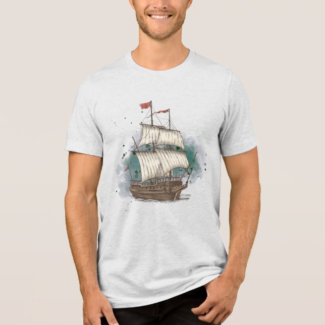 Handgezeichnetes Schiff Tri-Blend Shirt (Vorderseite)