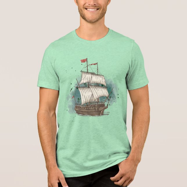 Handgezeichnetes Schiff Tri-Blend Shirt (Vorderseite)