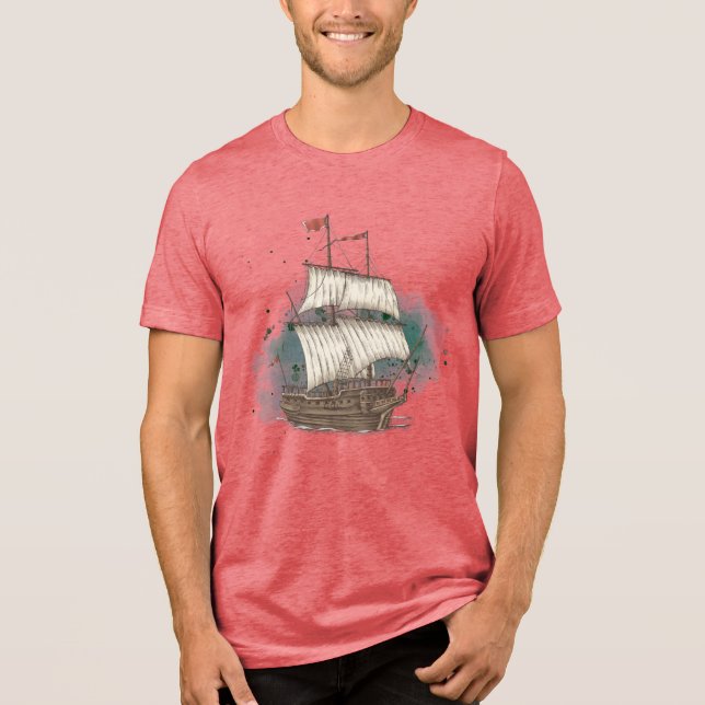 Handgezeichnetes Schiff Tri-Blend Shirt (Vorderseite)
